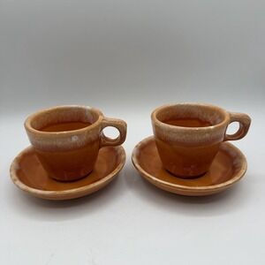 Set of 2 Vintage‎ Hull Drip Glaze Tea Cup & Saucer Tangerine Orange Oven Proof